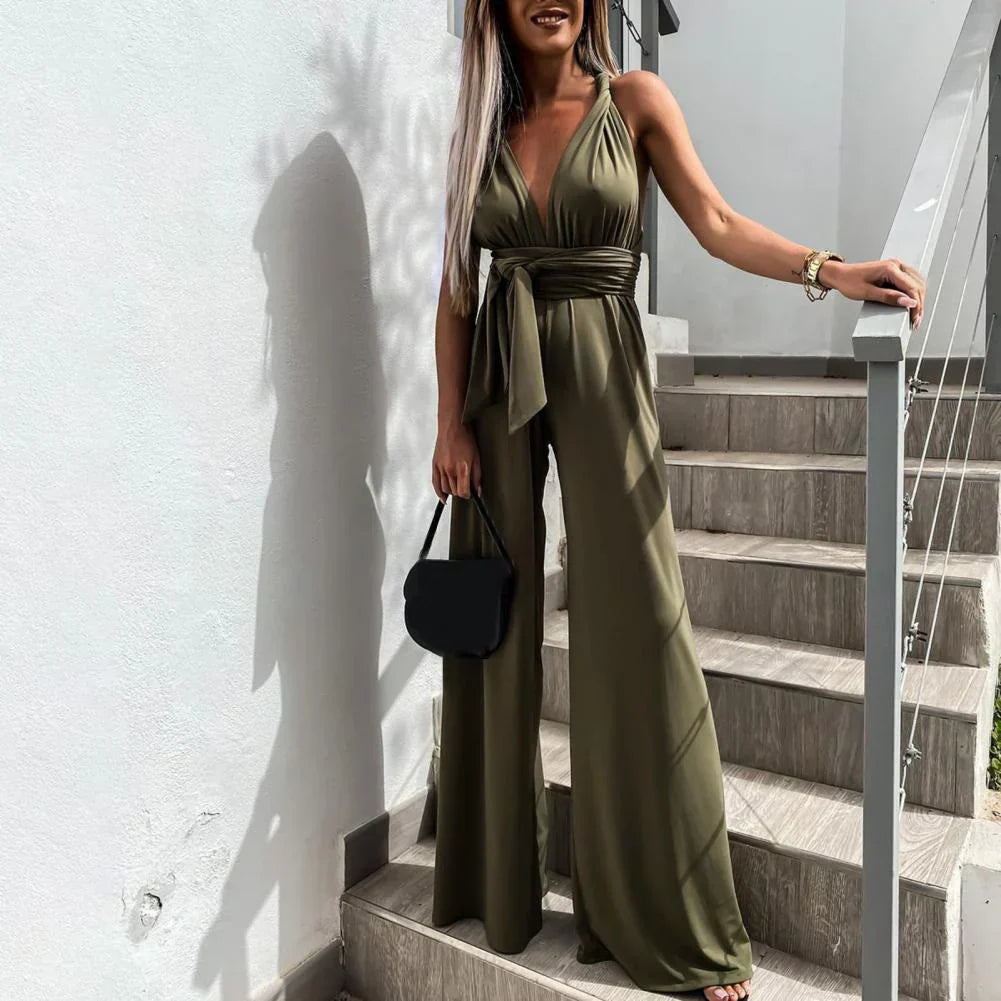Jumpsuit - Sleeveless With Pleated Belt And Wide Legs