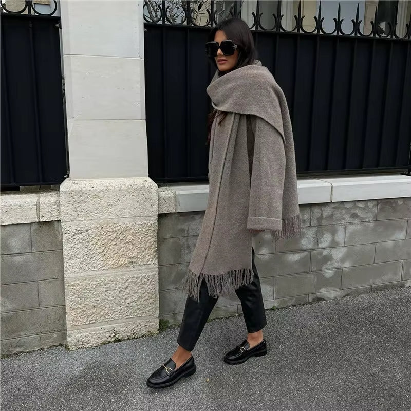 Knit Blend Coat - Integrated Scarf And Stretch Warmth