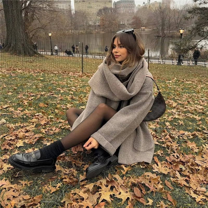 Knit Blend Coat - Integrated Scarf And Stretch Warmth