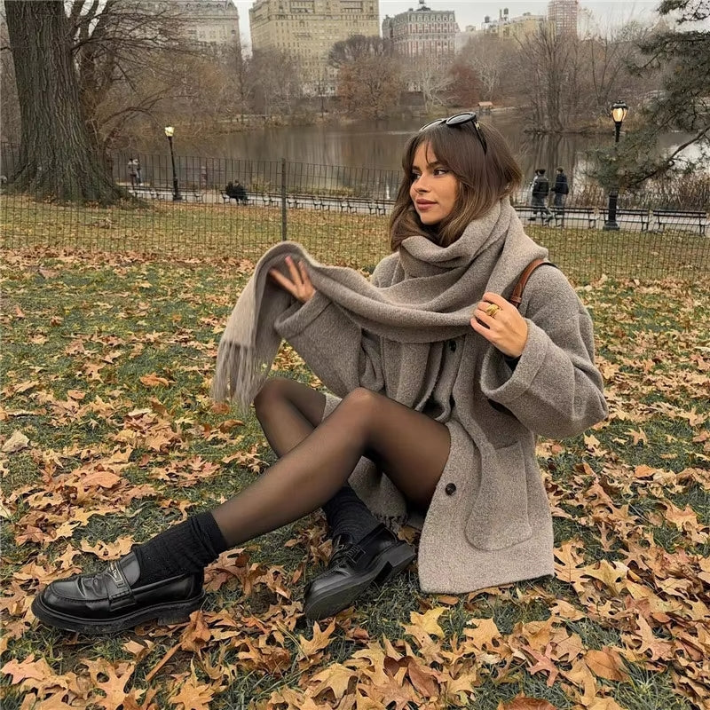 Knit Blend Coat - Integrated Scarf And Stretch Warmth