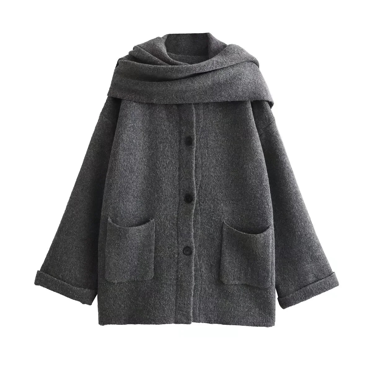 Knit Blend Coat - Integrated Scarf And Stretch Warmth