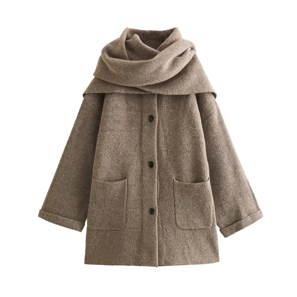 Knit Blend Coat - Integrated Scarf And Stretch Warmth