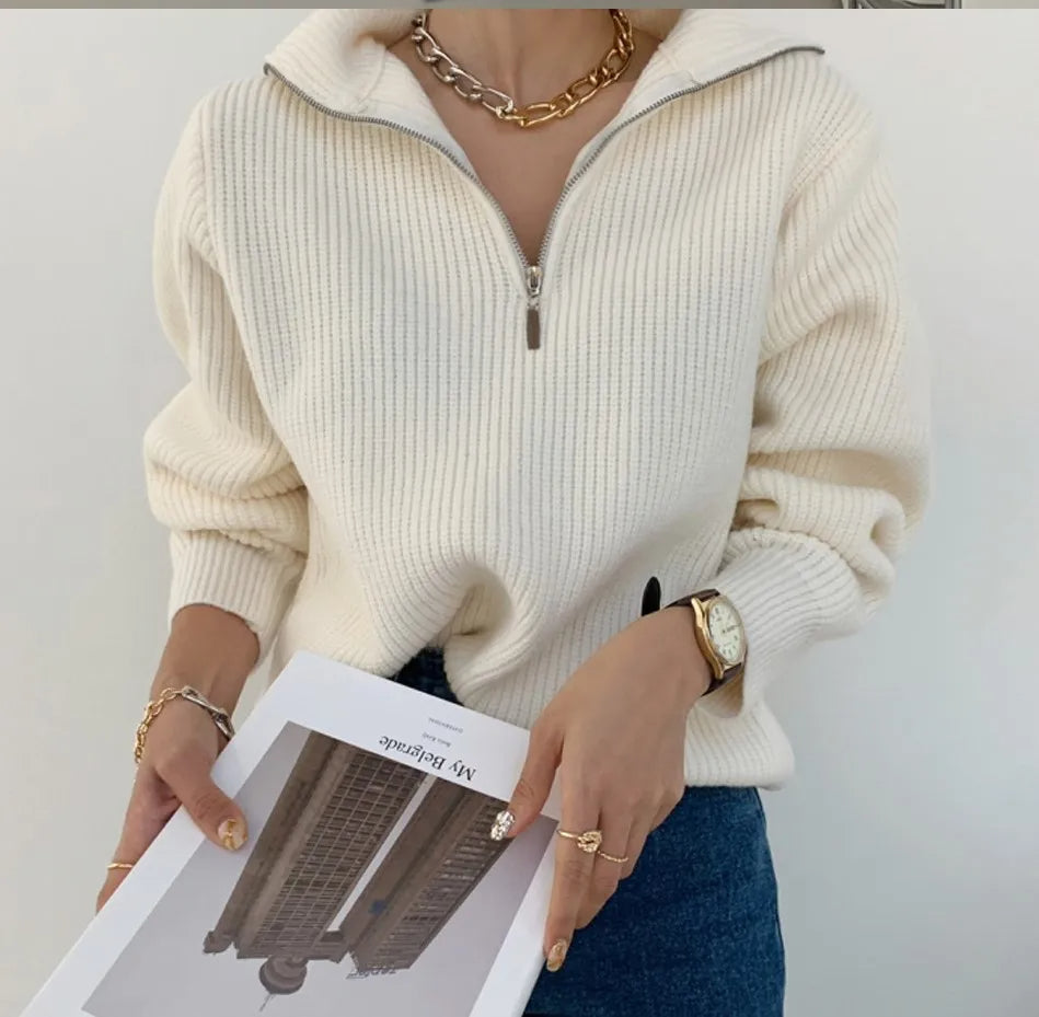 Knit Blend Sweater - Loose Zip Relaxed Fit & Easy On Off