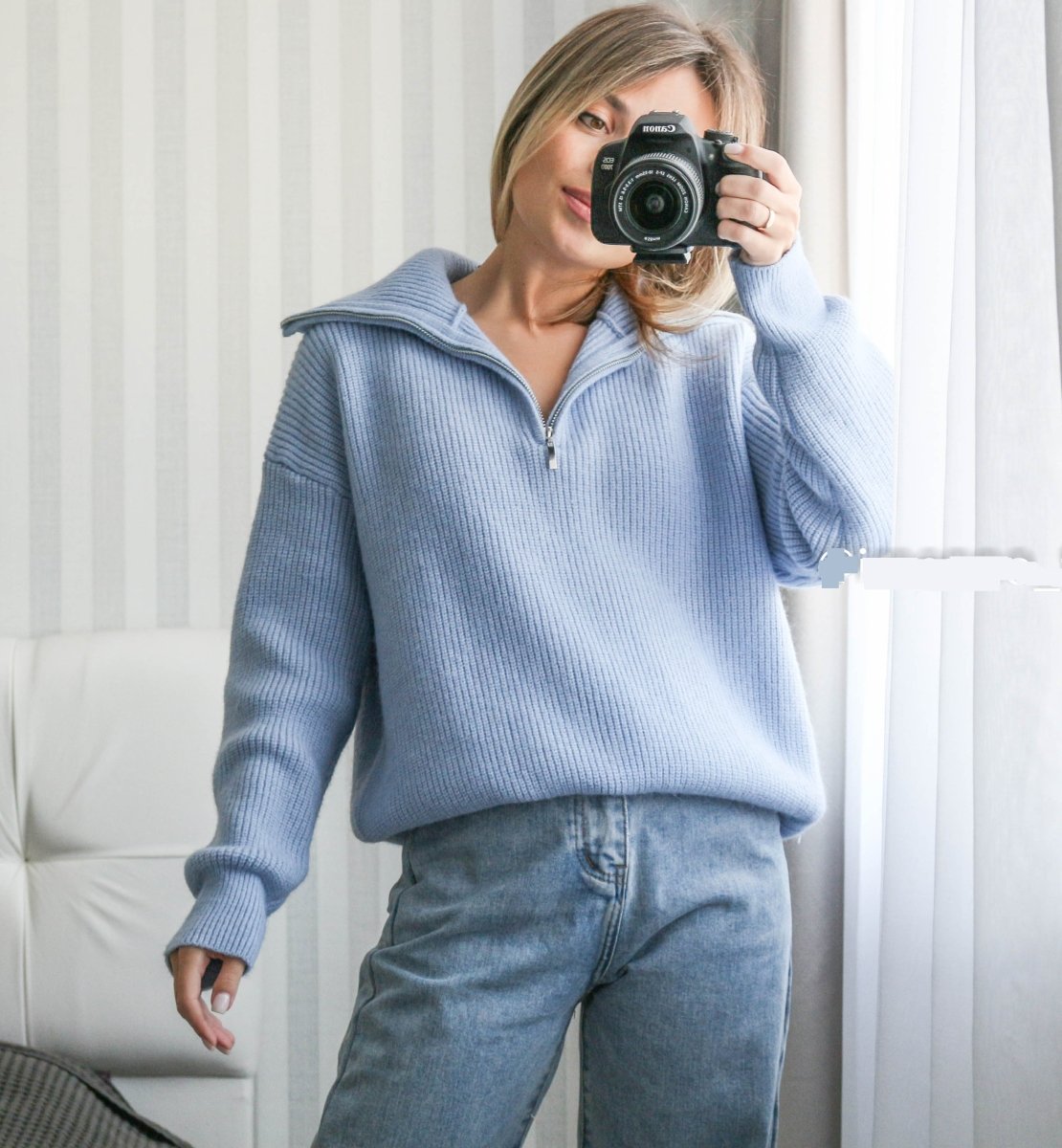 Knit Blend Sweater - Loose Zip Relaxed Fit & Easy On Off