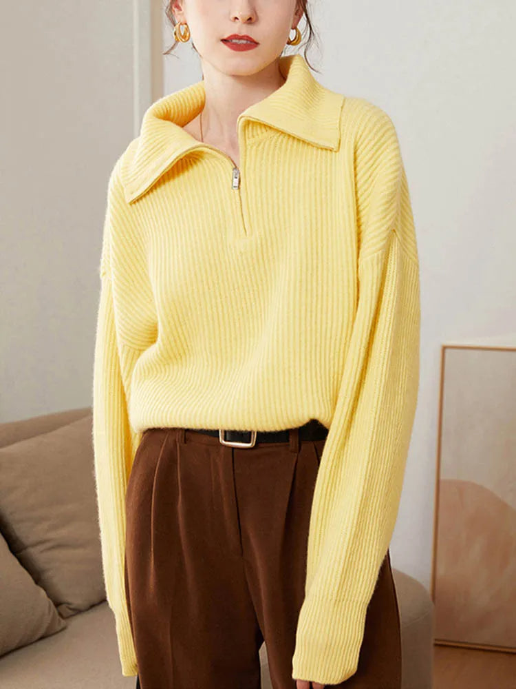 Knit Blend Sweater - Loose Zip Relaxed Fit & Easy On Off