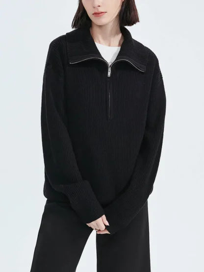 Knit Blend Sweater - Loose Zip Relaxed Fit & Easy On Off
