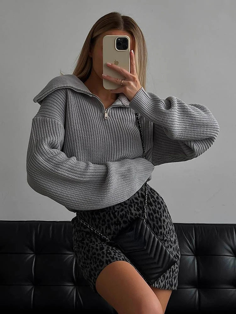 Knit Blend Sweater - Loose Zip Relaxed Fit & Easy On Off