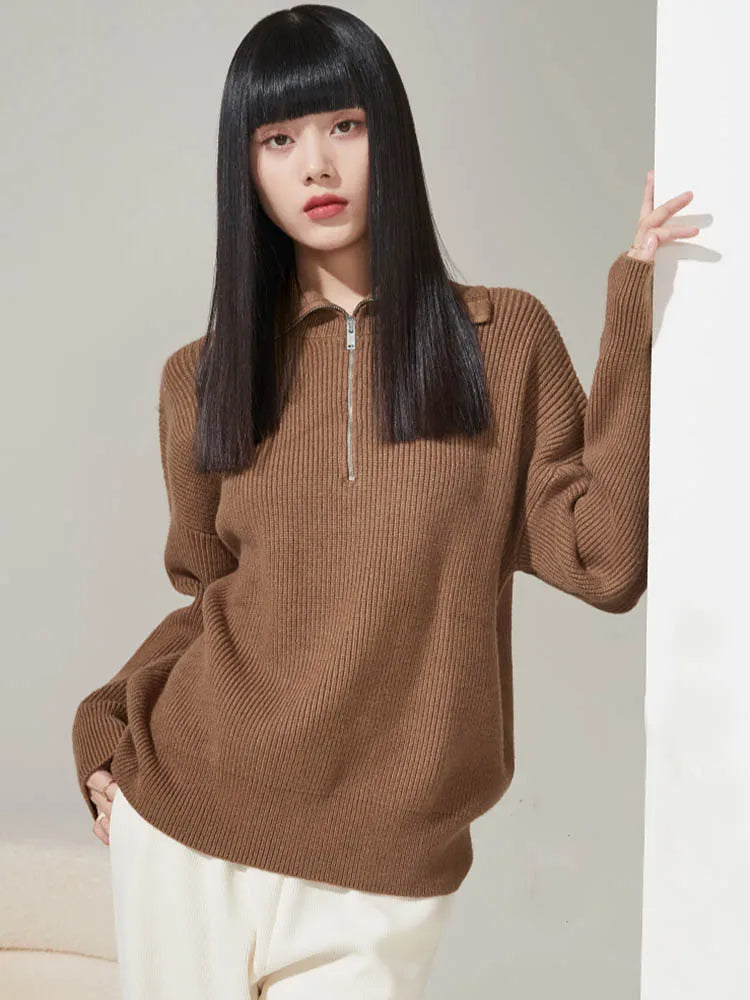 Knit Blend Sweater - Loose Zip Relaxed Fit & Easy On Off
