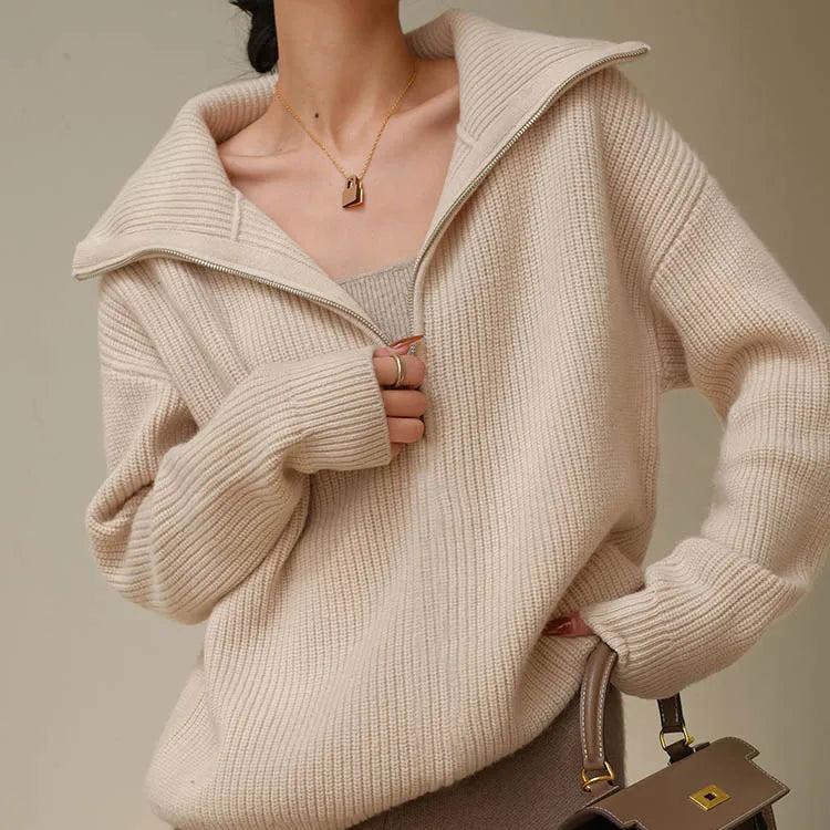 Knit Blend Sweater - Loose Zip Relaxed Fit & Easy On Off