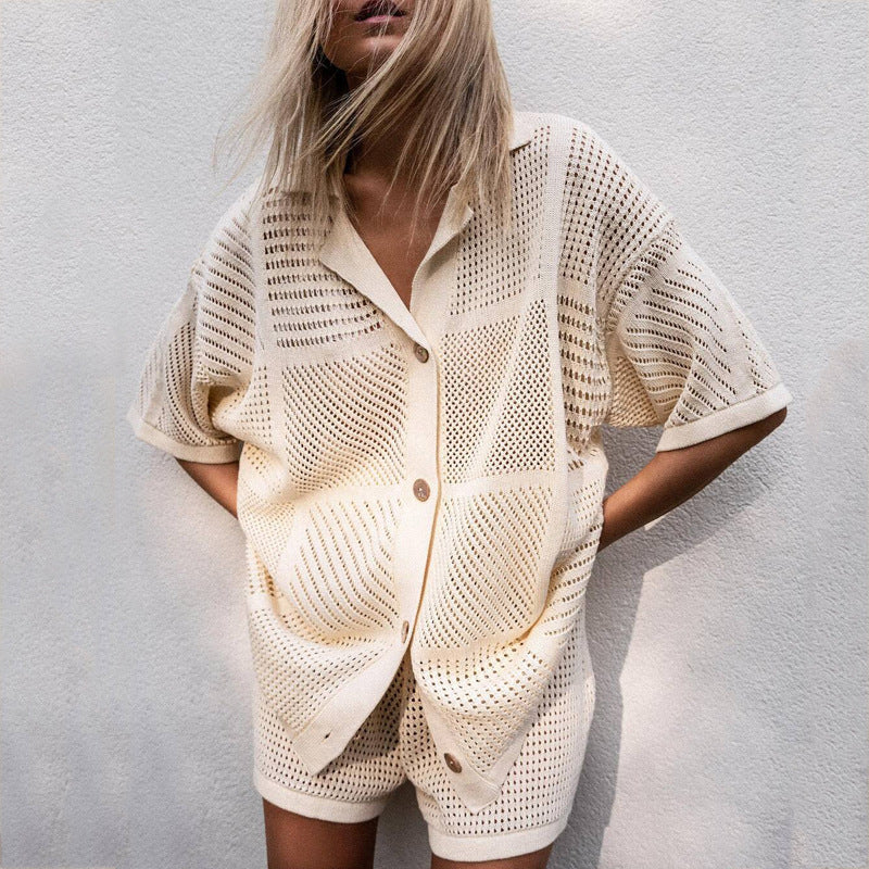 Knit Lounge Set - V Neck Button Top And Drawstring Shorts