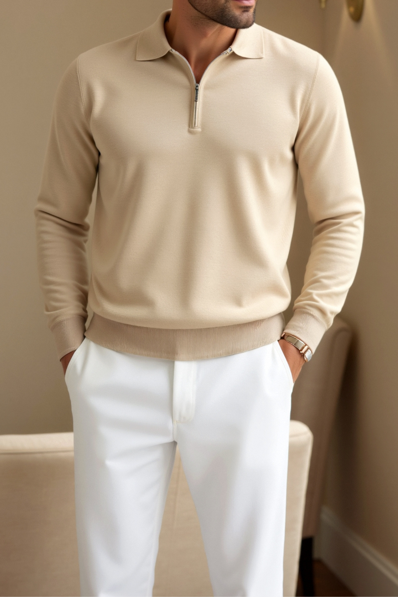 Knit Polo Shirt – Turn Down Collar & Adjustable Zip