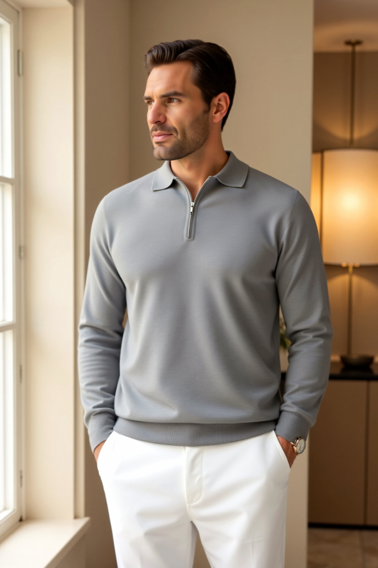 Knit Polo Shirt – Turn Down Collar & Adjustable Zip
