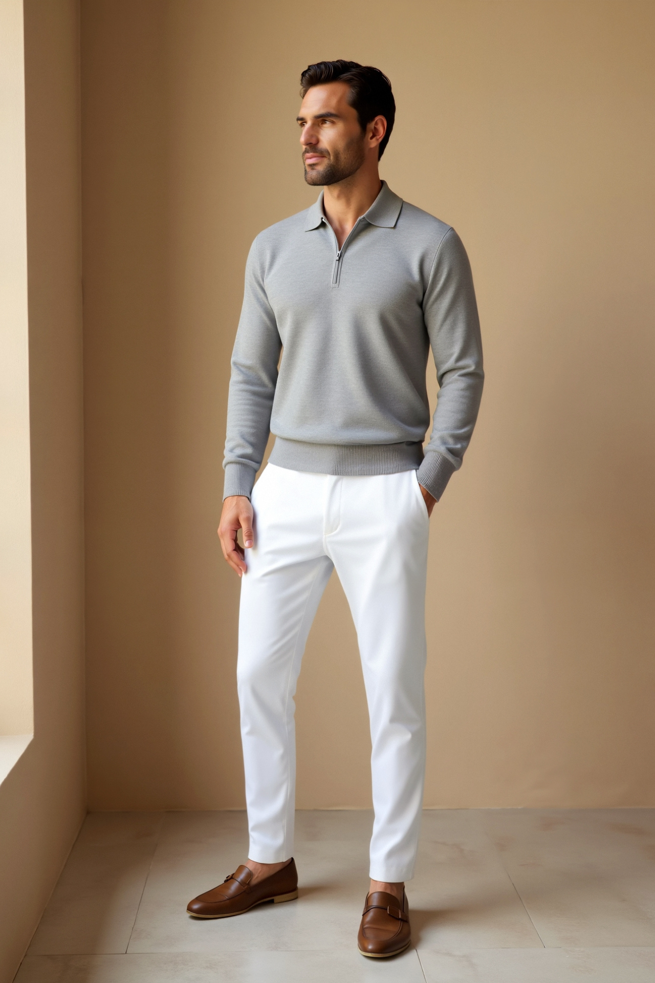 Knit Polo Shirt – Turn Down Collar & Adjustable Zip