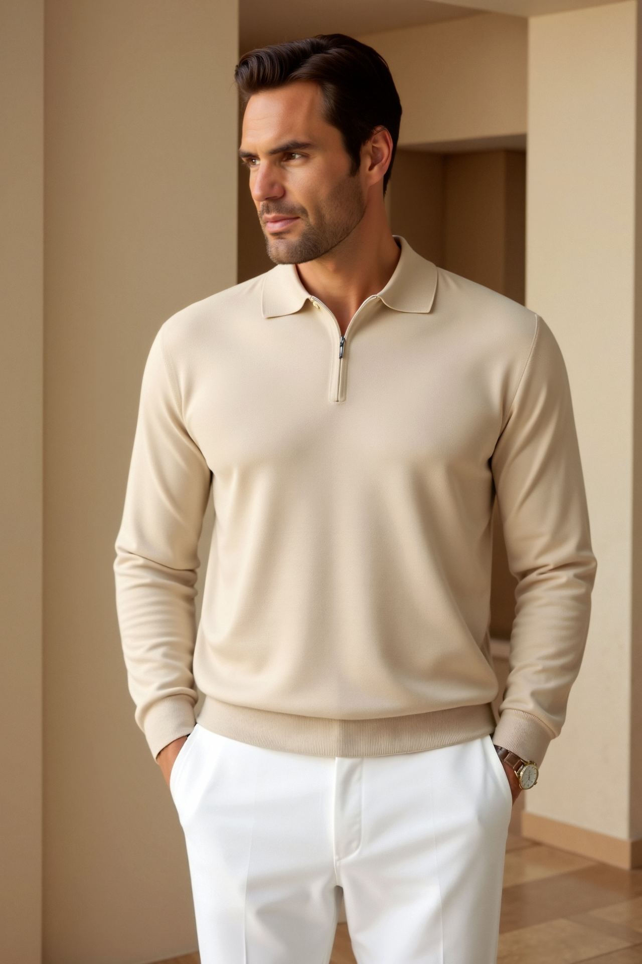 Knit Polo Shirt – Turn Down Collar & Adjustable Zip