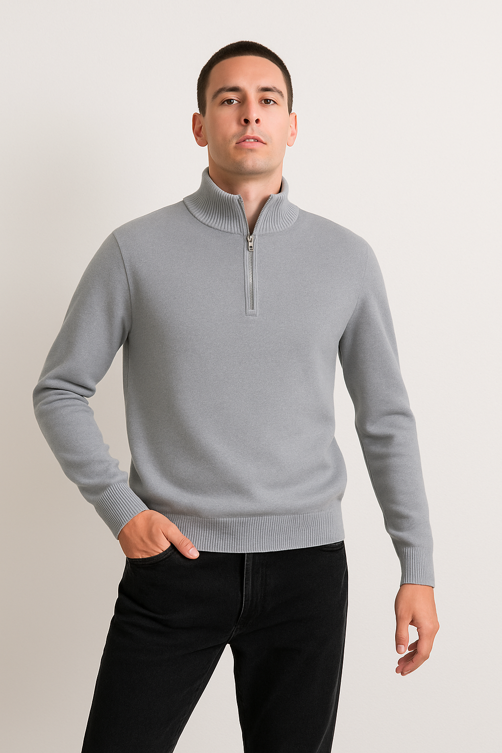 Knit Pullover - Half Zip High Collar And Flexible Stretch