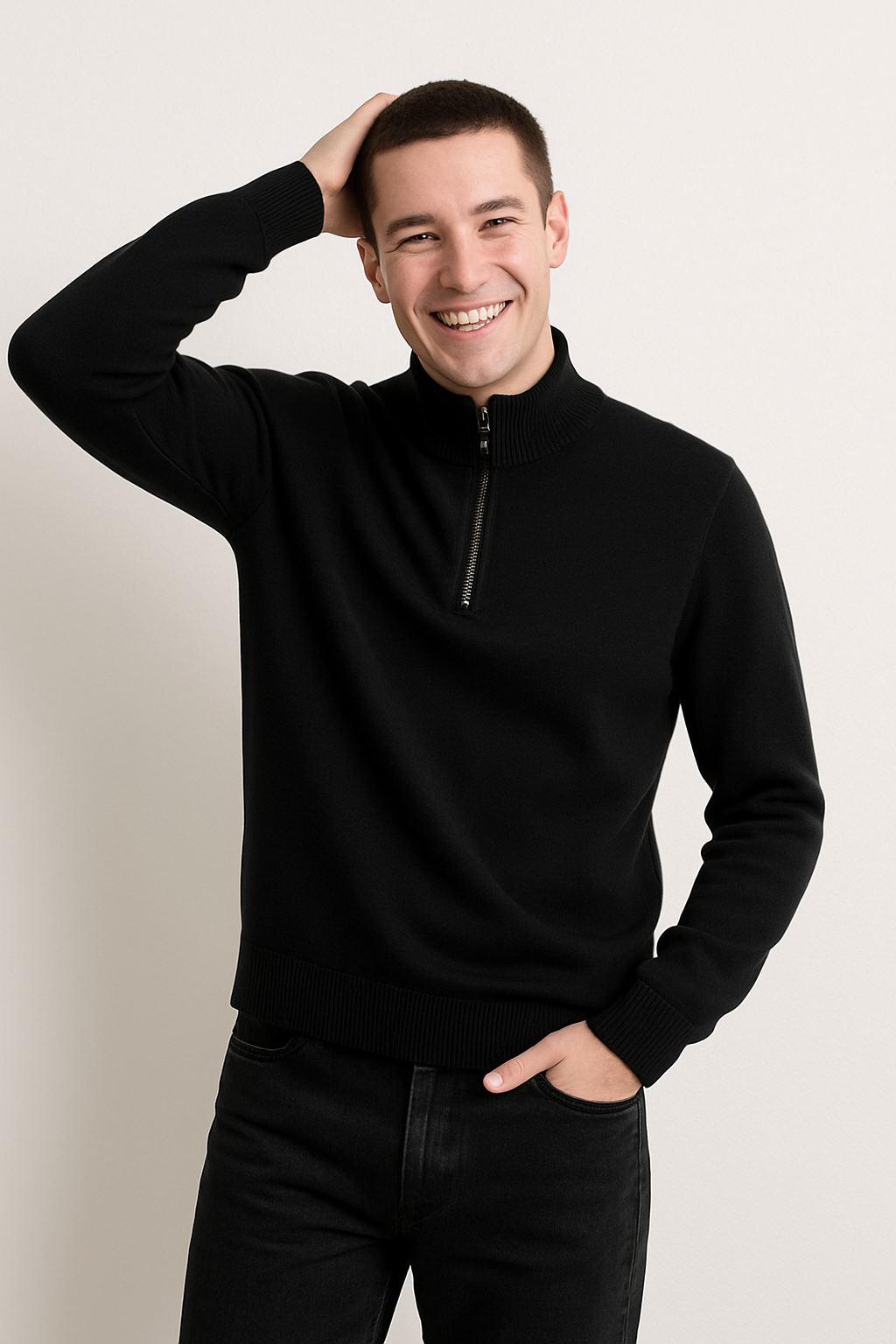 Knit Pullover - Half Zip High Collar And Flexible Stretch