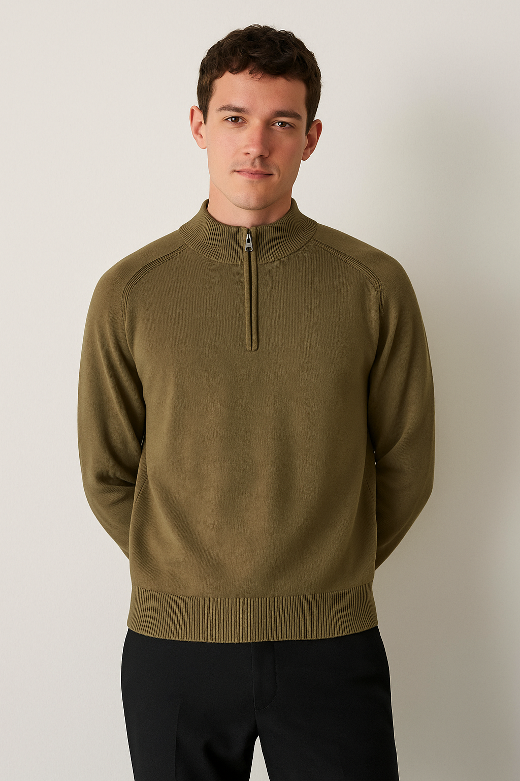 Knit Pullover - Half Zip High Collar And Flexible Stretch