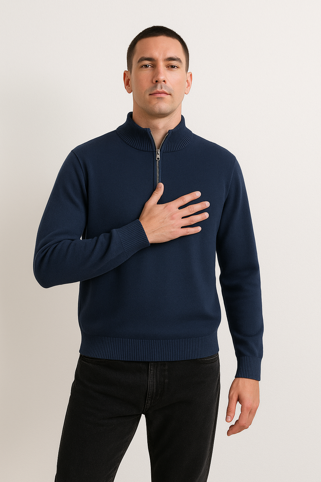 Knit Pullover - Half Zip High Collar And Flexible Stretch