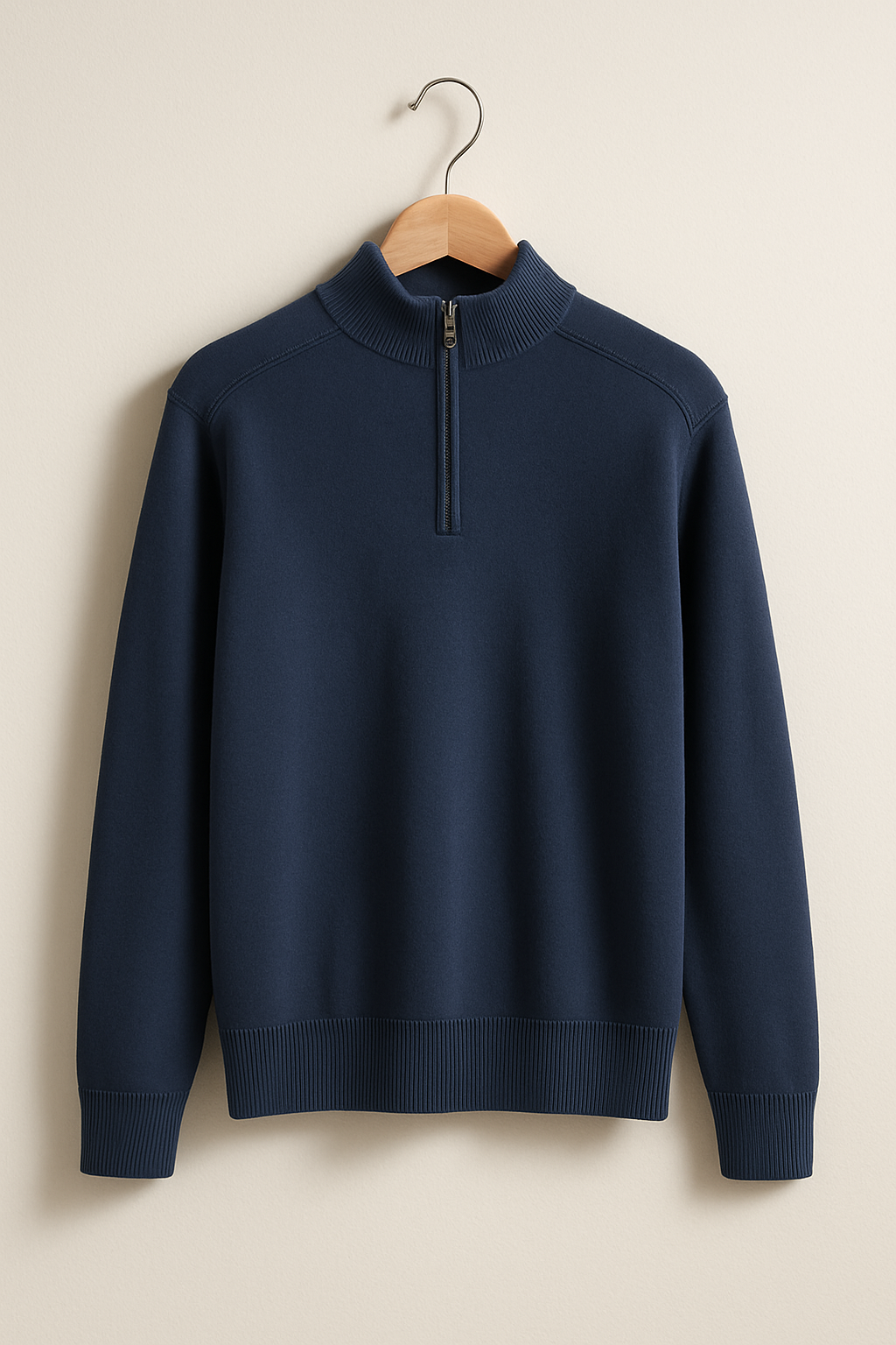 Knit Pullover - Half Zip High Collar And Flexible Stretch