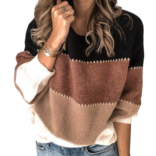 Knit Pullover - Striped Knit Texture & Loose Warm Shape
