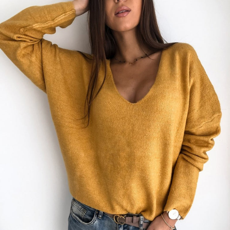 Knit Sweater - Deep V Neck & Long Sleeve Easy Layering