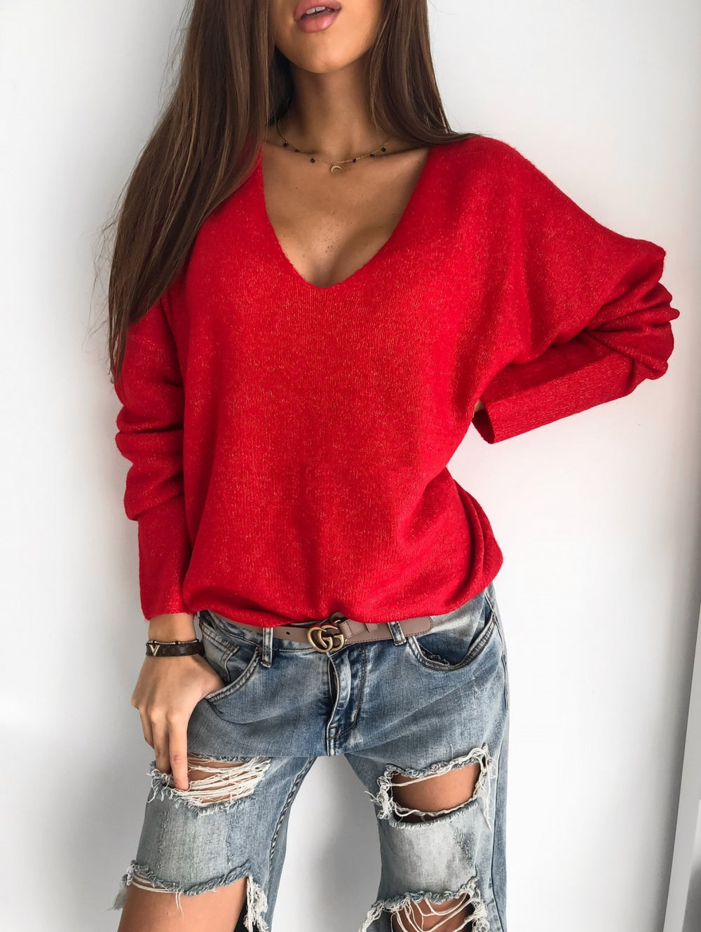Knit Sweater - Deep V Neck & Long Sleeve Easy Layering