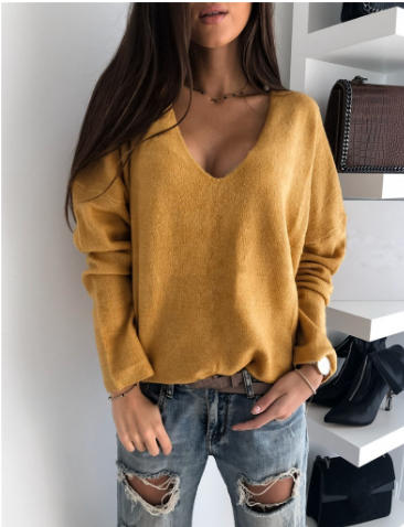 Knit Sweater - Deep V Neck & Long Sleeve Easy Layering