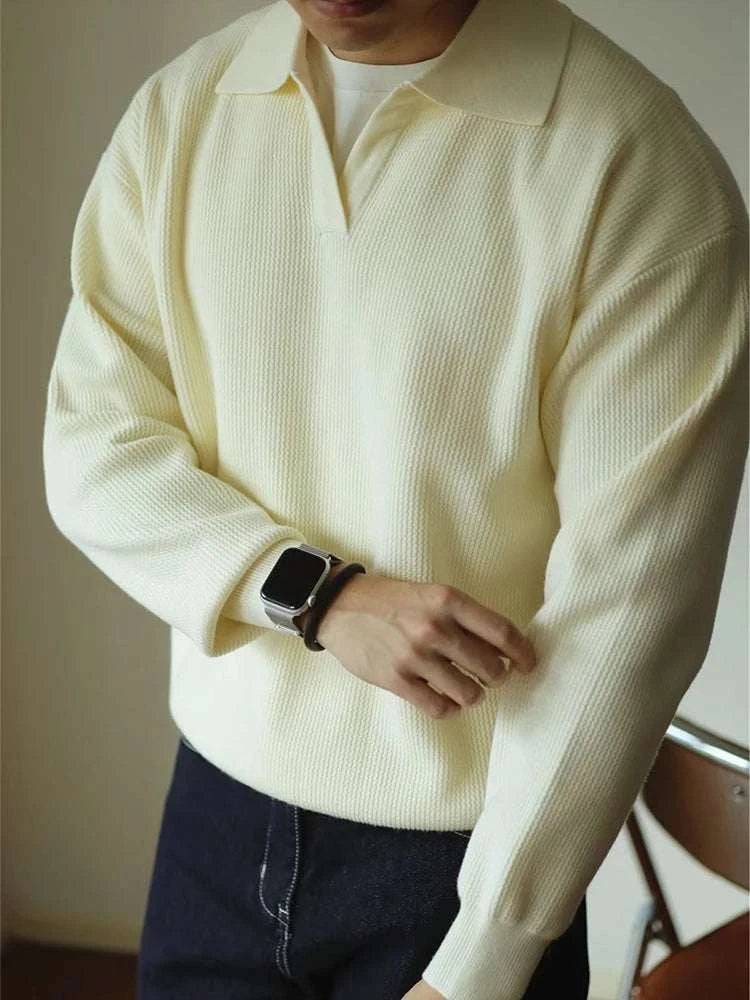 Knit Sweater - Folded Collar & Breathable Stretch Comfort