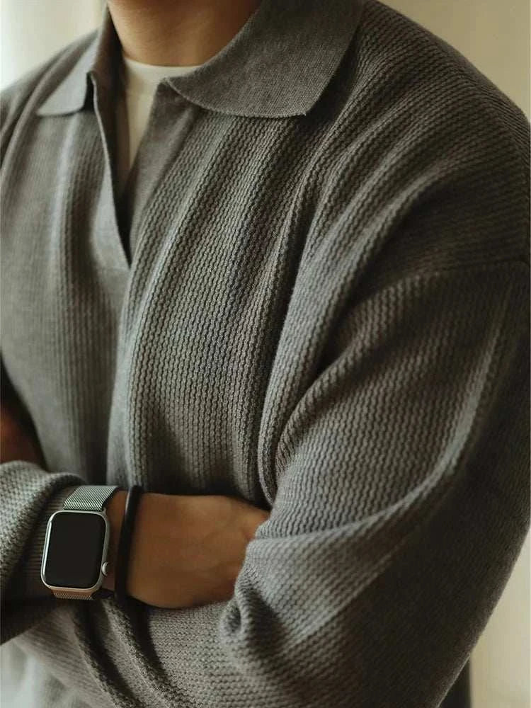 Knit Sweater - Folded Collar & Breathable Stretch Comfort