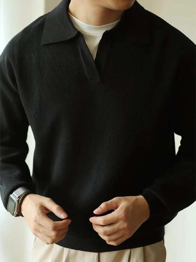 Knit Sweater - Folded Collar & Breathable Stretch Comfort