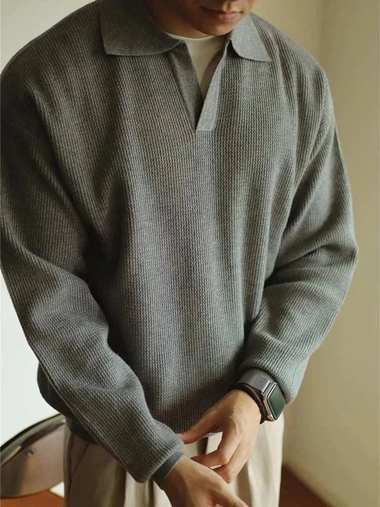 Knit Sweater - Folded Collar & Breathable Stretch Comfort