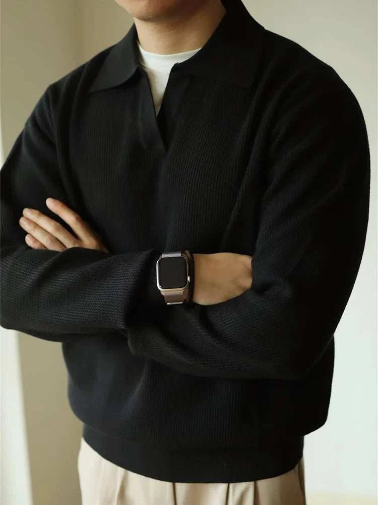Knit Sweater - Folded Collar & Breathable Stretch Comfort