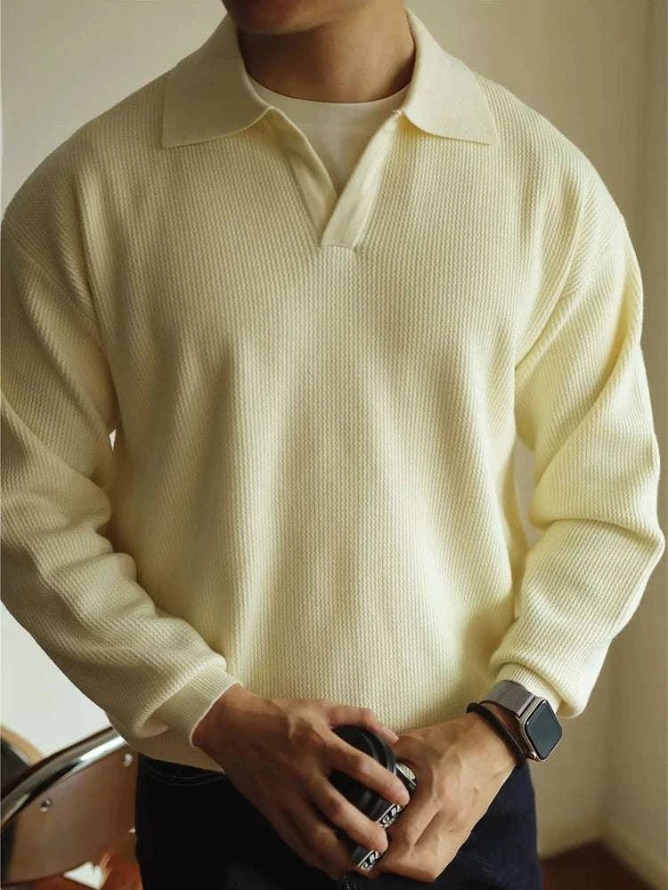 Knit Sweater - Folded Collar & Breathable Stretch Comfort