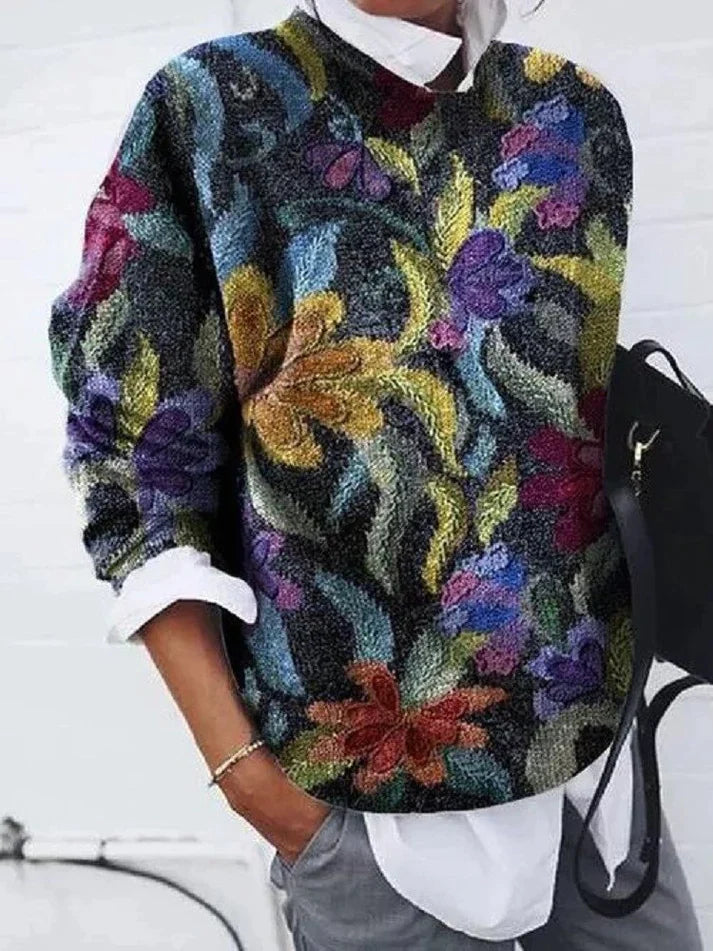 Knit Sweater Polyester Blend – Floral Print & Easy Layer