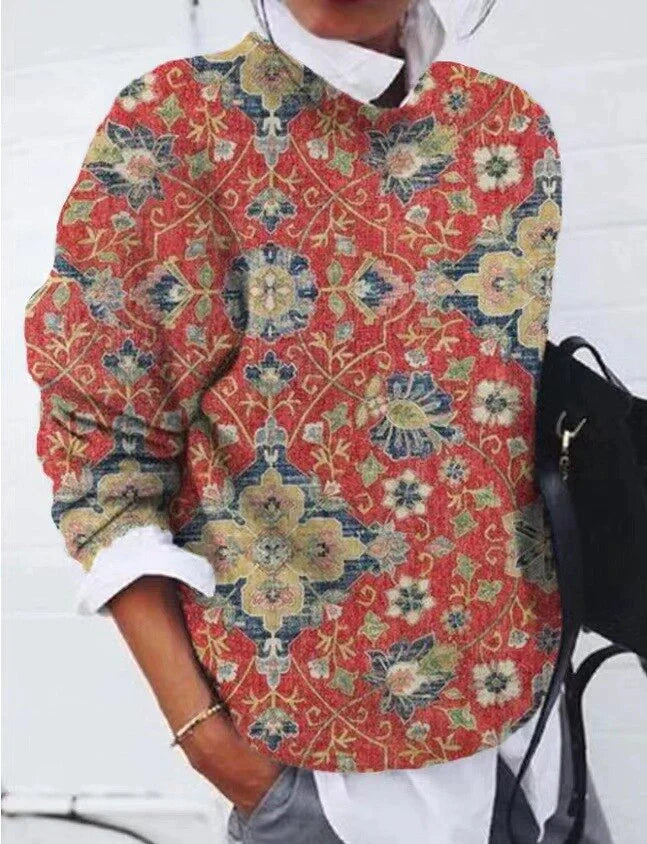 Knit Sweater Polyester Blend – Floral Print & Easy Layer