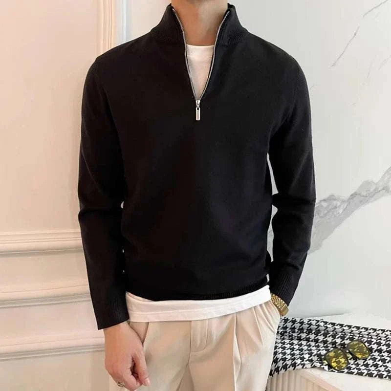 Knit Sweater - Polyester Blend Stand Collar & Zip Vent