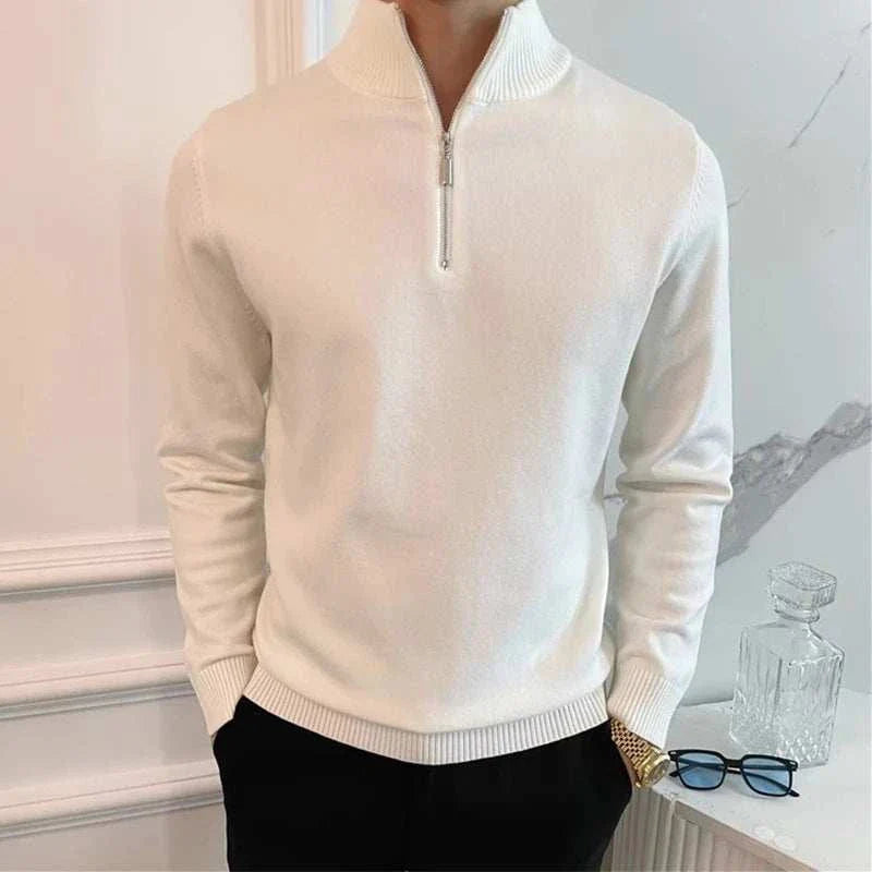 Knit Sweater - Polyester Blend Stand Collar & Zip Vent