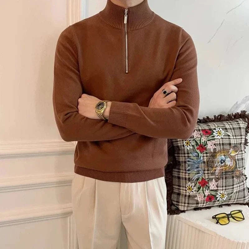 Knit Sweater - Polyester Blend Stand Collar & Zip Vent