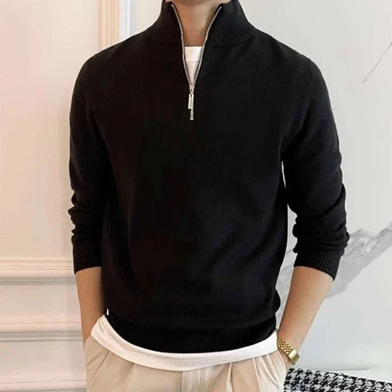 Knit Sweater - Polyester Blend Stand Collar & Zip Vent