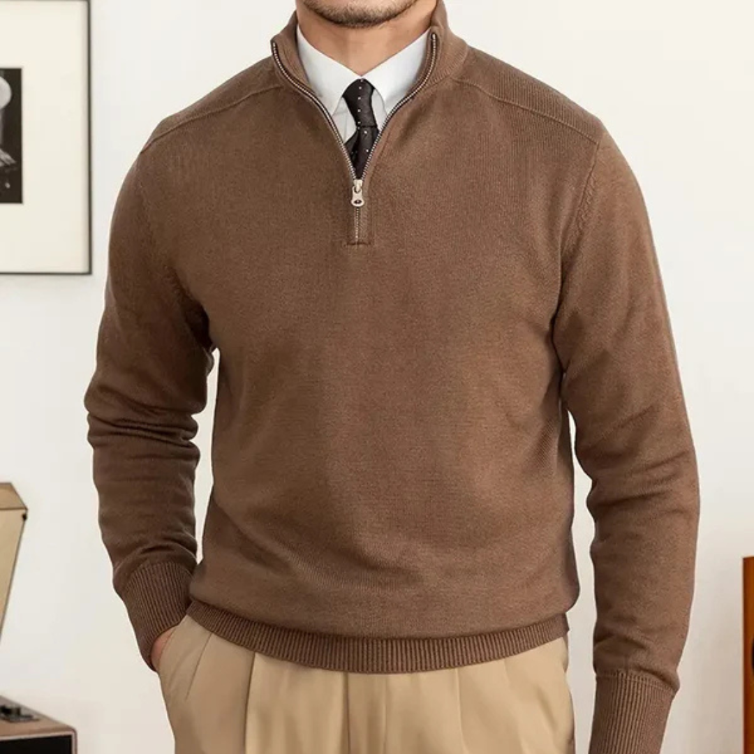 Knit Sweater – Soft Blend High Collar Half Zip & Ribbed Hem