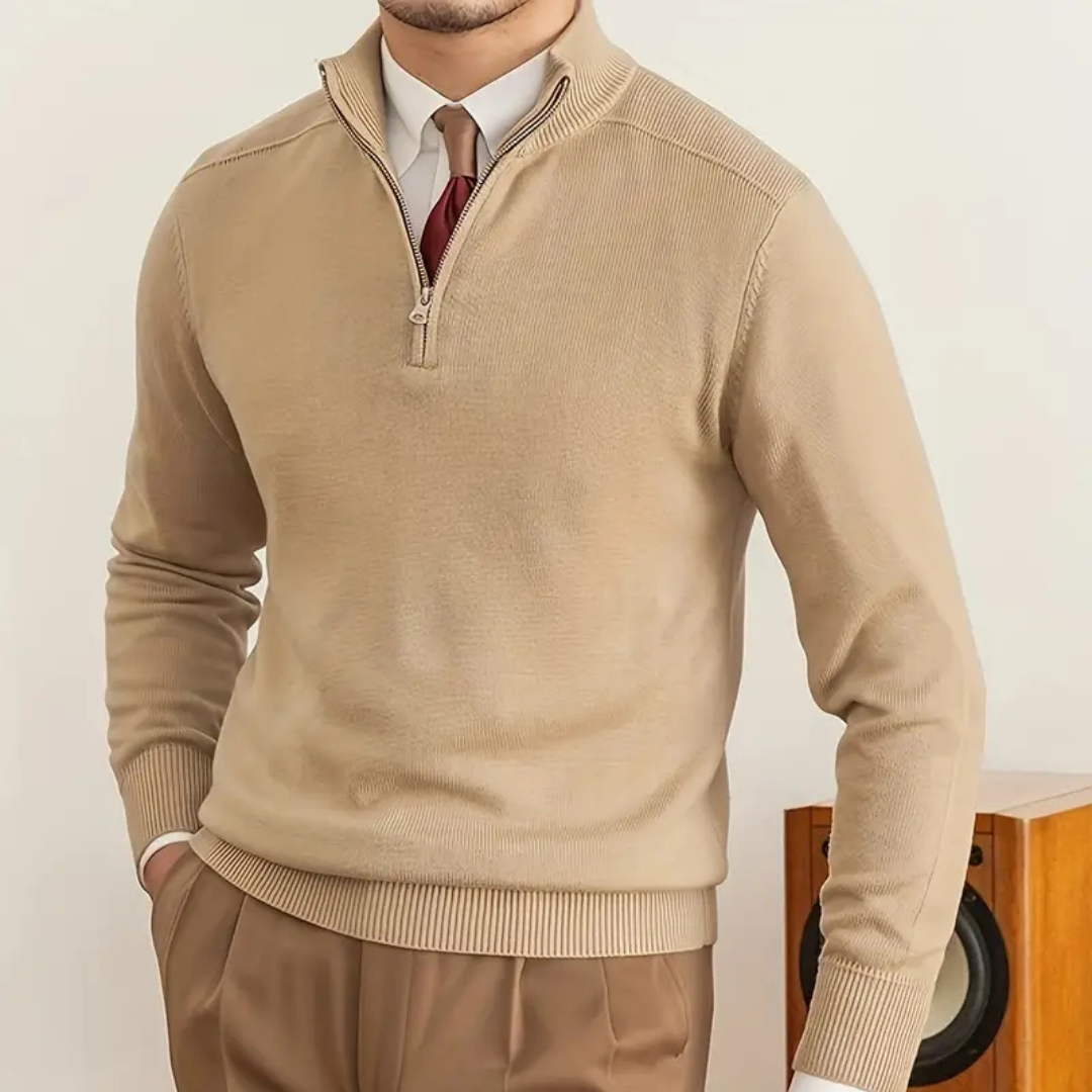 Knit Sweater – Soft Blend High Collar Half Zip & Ribbed Hem