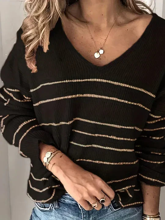 Knit Sweater – Striped V Neck & Ribbed Hem Keeps Shape