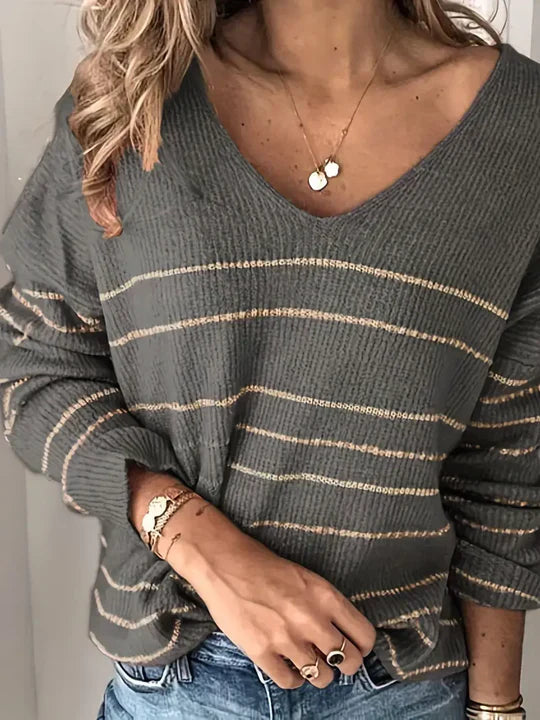 Knit Sweater – Striped V Neck & Ribbed Hem Keeps Shape
