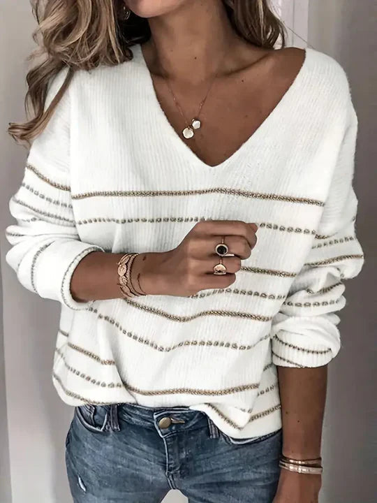 Knit Sweater – Striped V Neck & Ribbed Hem Keeps Shape