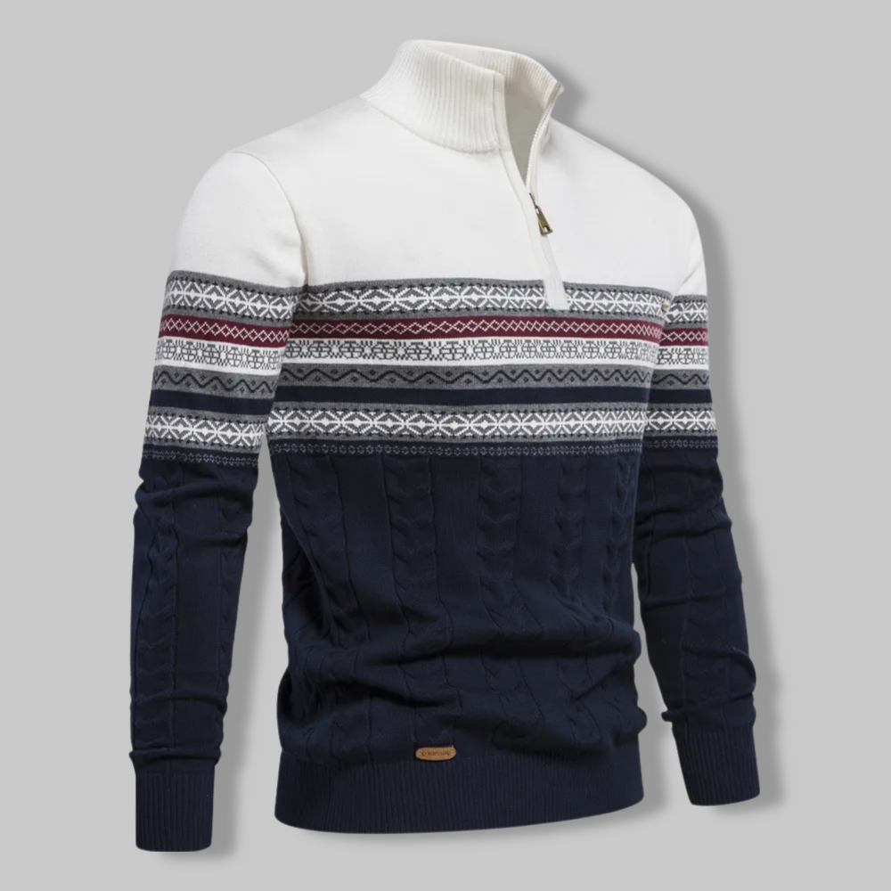 Knit Sweater - Two Tone Alpine Pattern & Quarter Zip Vent