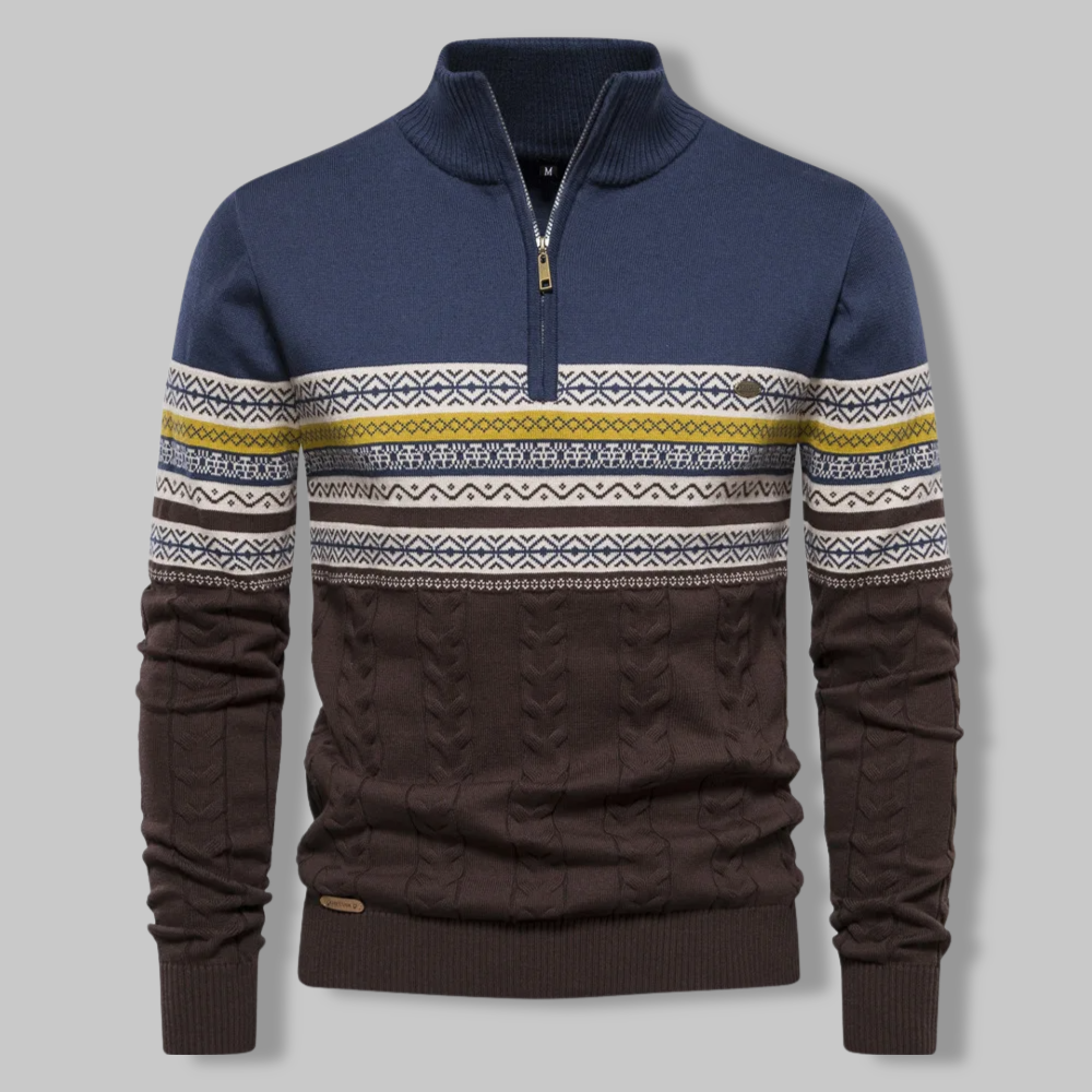 Knit Sweater - Two Tone Alpine Pattern & Quarter Zip Vent