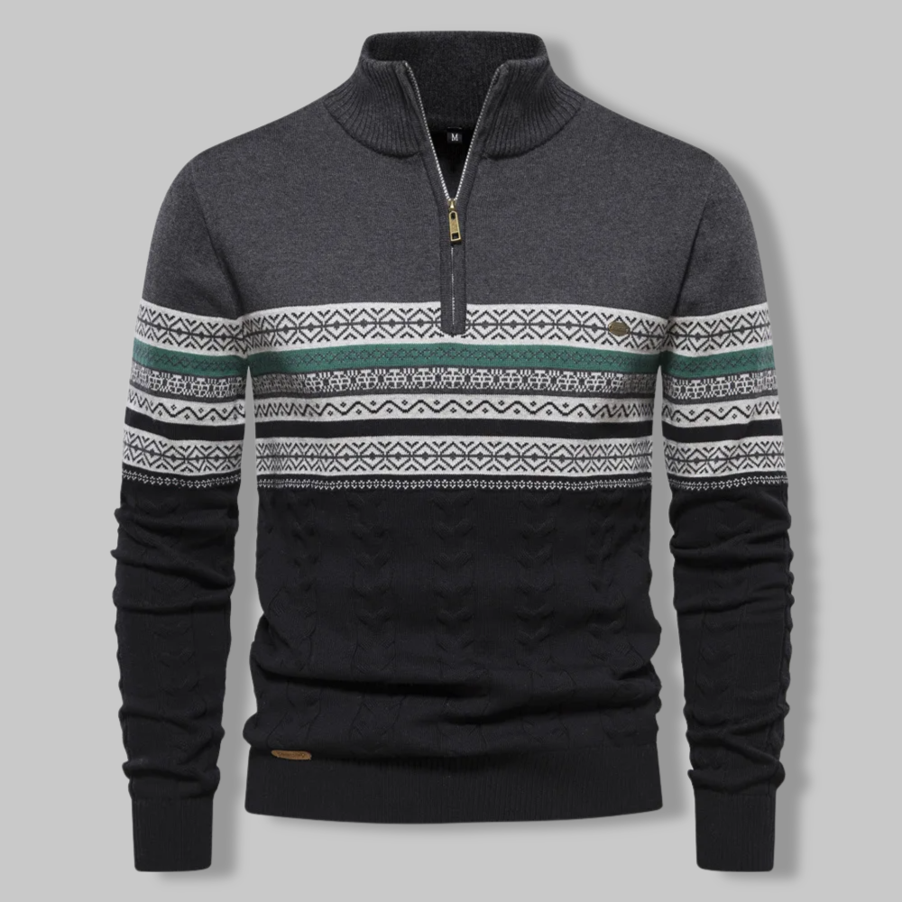 Knit Sweater - Two Tone Alpine Pattern & Quarter Zip Vent