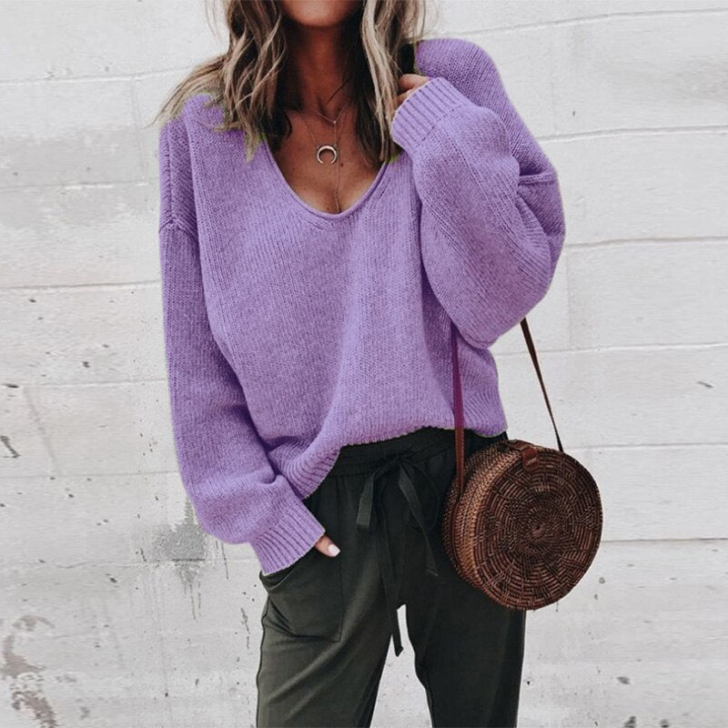 Knit Sweater - V Neck, Ribbed Trim & Flexible Shape