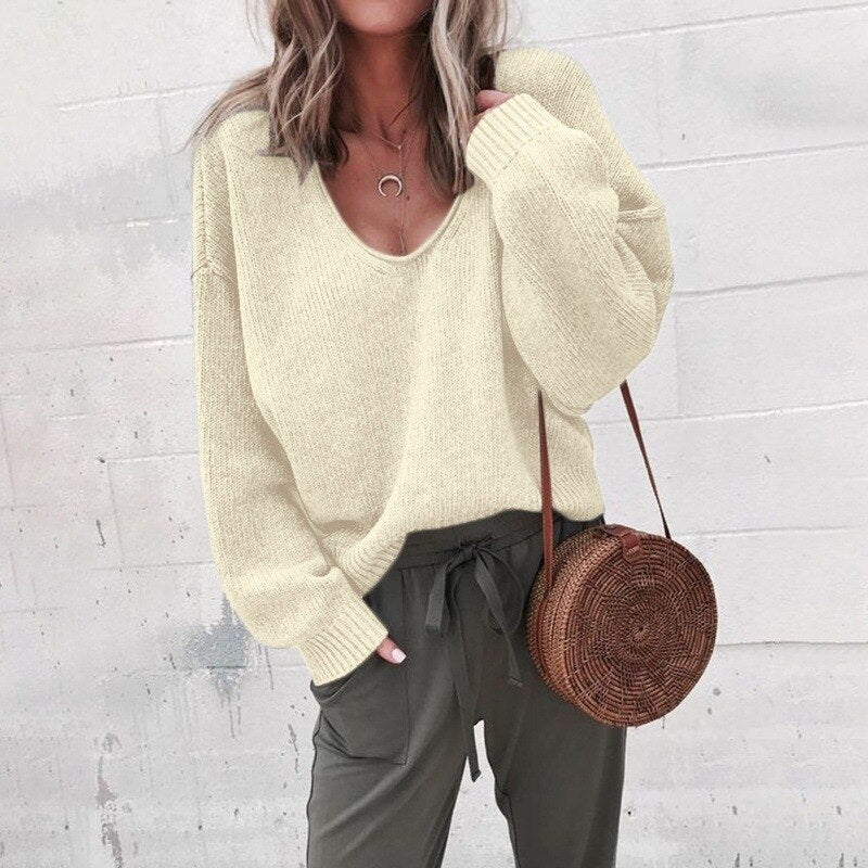 Knit Sweater - V Neck, Ribbed Trim & Flexible Shape