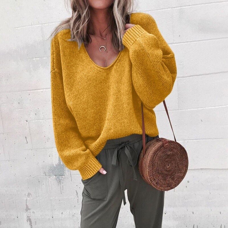 Knit Sweater - V Neck, Ribbed Trim & Flexible Shape